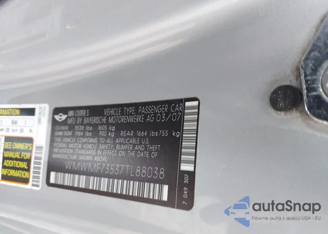 2007 Mini Cooper S from USA, damaged, VIN WMWMF73537TL88038